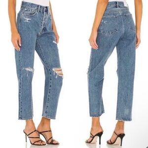 pistola High-Rise Distressed Straight-Leg Jeans - Mid Blue
